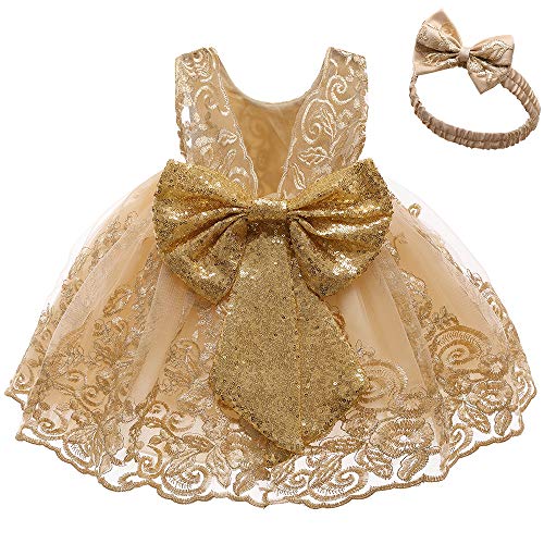 0-6T Big Bowknot Sequins Embroidered Lace Party Tutu Gown Toddler Baby Girls Dress with Headwear Easter Ball Gown Dress Golden B 60