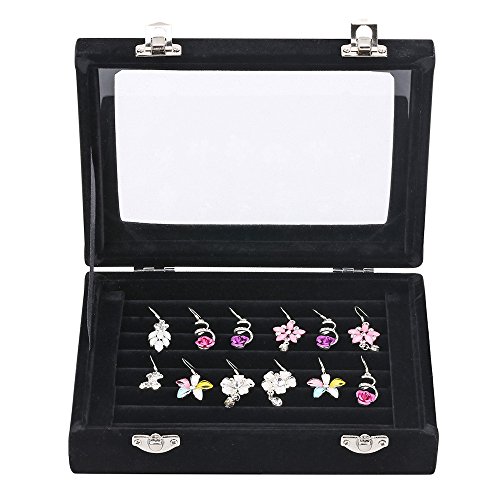 LANTWOO Velvet Glass Jewelry Display Storage Box Ring Earrings Jewelry Box Ring Holder Case, 2 clasps