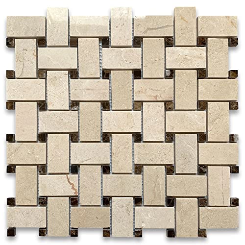 Stone Center Online Crema Marfil Marble 1x2 Basketweave Mosaic Tile w/Emperador Dark Brown Dots Polished Kitchen Bath Wall Floor Backsplash Shower (1 Sheet)