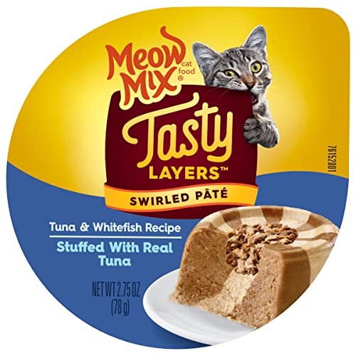 Meow Mix Tasty Layers Swirled Paté Wet Cat Food, Tuna & Whitefish Recipe in Sauce Stuffed With Real Tuna, 2.75 oz. Cup, 12ct
