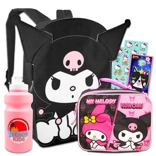 Kuromi Backpack and Lunch Box Set for Girls - Bundle with 16” Kuromi Backpack, Lunch Bag, Water Bottle, Stickers, More | Hello Kitty and Friends Backpack Set