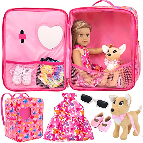 ZITA ELEMENT 18 Inch Girl Doll Carrier Bag with Clothes and Accessories Including 18 Inch Doll Clothes, Shoes, Sunglasses, Doll Backpack and Toy Dog