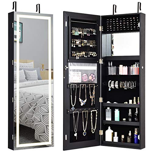 Giantex Jewelry Cabinet Armoire Door Wall Mount, 47.2in Lockable Touch Screen Lighted Full Length Mirror, 3 Lighting Settings, Inside Makeup Mirror, Jewelry Storage Box Organizer (Black)
