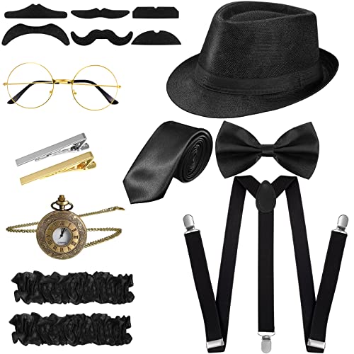 SATINIOR 1920s Old Men Costume Roaring Retro Accessories Set Gangster Hat Bow Tie Pocket Watch Suspender Glass Beard Tie Clip(Linen Black, Simple Style)