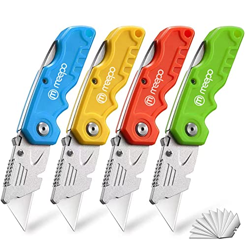 M MEEPO Box Cutter, 4-Pack Tough Folding Box Cutter for Heavy Duty Purpose, Razor Sharp Blade, Comfortable Handle, with Extra 10-Piece Blades, Can cut Drywall, Sheet Plastic, Linoleum, Boxes, Rope