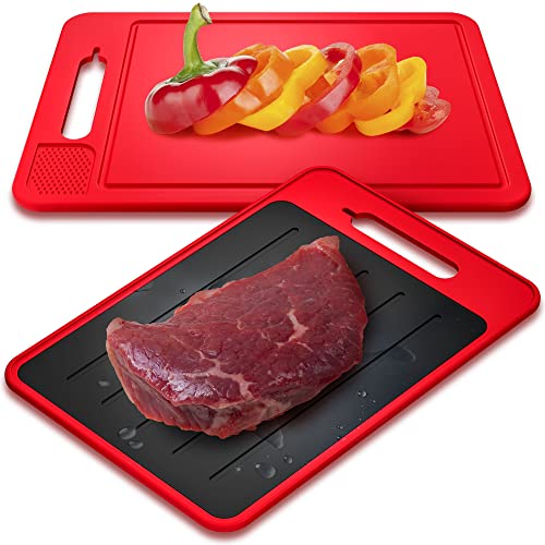 4 in 1 Defrosting Tray for Frozen Meat with Cutting Board, Ceramic Knife Sharpening Rod & Garlic Grater - Rapid Dethawing Defroster & Non-Slip Red Chopping Boards to De Thaw by EliKai