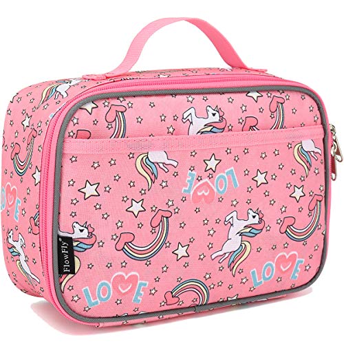 FlowFly Kids Lunch box Insulated Soft Bag Mini Cooler Back to School Thermal Meal Tote Kit for Girls, Boys, Unicorn