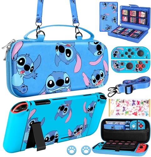 Xinocy for Nintendo Switch 9 in 1 Storage Accessories Kit with Travel Carrying Case+Switch Protective Cover+Game Case Holder+Strap+Sticker+2 Joycon Shells+2 Thumb Caps Cute for Boys Kids Girls -Stit