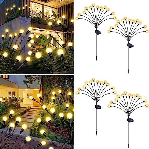 4 Pack 48 LED Garden Lights, New Upgraded Firefly Lights Outdoor Waterproof Solar Powered Swaying Outdoor Lights for Yard Patio Pathway Walkway Decoration, Warm White