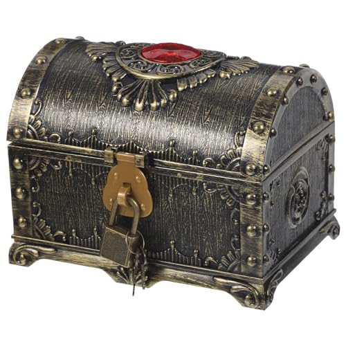 Holibanna Vintage Wooden Treasure Chest With Lock Keepsake Box Decorative Treasure Box Vintage Coin Boxes Money Piggy Bank Mini Jewelry Box for Kids Drink Containers for Parties Bronze