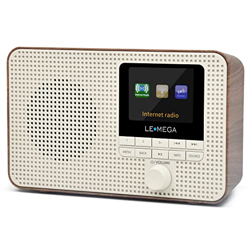 LEMEGA IR1 Portable WiFi Internet Radio, FM Digital Radio, Bluetooth, Dual Alarms Clock,Sleep Snooze Timer,40 Presets,Headphone-Output, Colour Display,Batteries or Mains Powered – Walnut