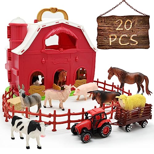 Red Barn and Farm Animal Figures Playset, 20Pack Preschool STEM Toys for Kids