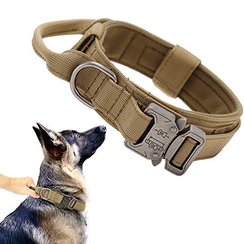 Tactical Dog Collar Military Dog Collar Adjustable Nylon Dog Collar Heavy Duty Metal Buckle with Handle for Dog Training (Brown,L)