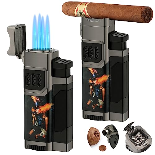 LIHTUN Cigar Lighter 2 Pack with Cigar Punch, Cigar Holder, 4 Jet Flame Torch Lighter, Refillable Butane Torch Lighter Windproof Cigar Lighters for Smoking with Gift Box (Without Gas) (Grey)