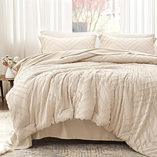 Anluoer Queen Comforter Set, Beige Tufted Bed in a Bag 7 Pieces with comforters and sheets, All Season Bedding Sets with 1 Comforter, 2 PillowShams, 2 Pillowcases, 1 Flat Sheet, 1 Fitted Sheet