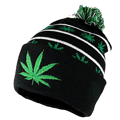 Marijuana Leaf Pom Pom Acrylic Beanie Hat - Black Kelly Green