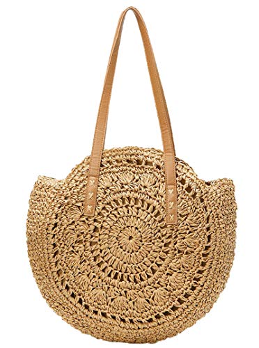 XMLMRY Straw Handbags Women Handwoven Round Corn Straw Bags Natural Chic Hand Large Summer Beach Tote Woven Handle Shoulder Bag (Khaki-pattern)