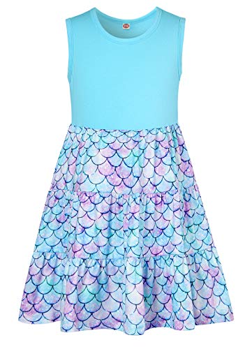 Girls Dress 5-6 Years Old Casual Sleeveless Sundress One Piece A-line Twirling Play Dresses Blue Mermaid Scales