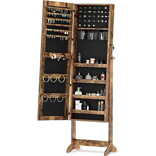 DlandHome Jewelry Armoire Free Standing with Full Length Mirror Jewelry Cabinet Organizer, Adjustable Tilt Angles,Retro