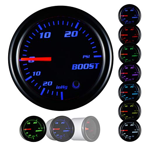 YONEDA Turbo Boost Gauge Kit Vacuum 30 PSI Tinted 7 Color - Includes Mechanical Hose & T-Fitting - Black Dial- for Car&Truck - 55mm