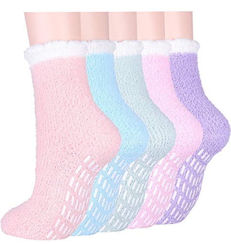 Free Yoka Fuzzy Slipper Socks for Women Fluffy Warm Non Slip Cozy Socks with Grips Winter Girls Soft Socks 5 Pairs