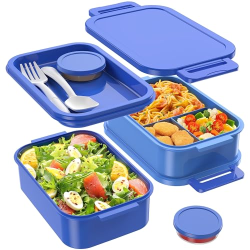 Jelife Adult Bento Lunch Box - 3 Layers Stackable Bento Lunch Box for Adults, 72oz Large All-in-One Bento Box Leak-Proof Lunch boxes with Utensil Sauce Containers, Ideal for Dining Out,Work, Blue