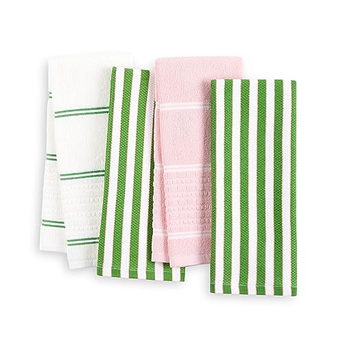 Kate Spade New York Botanical Stripe Kitchen Towels 4-Pack Set, Absorbent 100% Cotton, Green/Pink, 17'x28'