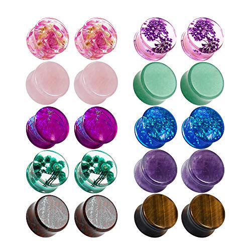 TBOSEN Set Of 10 Pairs Mixed Stone Ear Plugs Ear Gauges Ear Tunnels Double Flare Plugs Expander Body Piercing Jewelry 0g-5/8 in 8mm-16mm