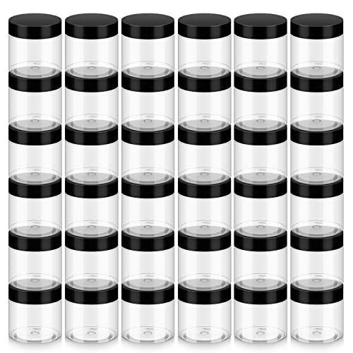 Loretoy Household 2oz Plastic Jars with Lids, 36 Pack BPA Free, Reusable, Refillable Transparent Cosmetic Containers for Bath Salts, Cosmetics, Powders, Beauty Product and Small Accessories