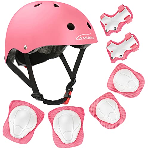KAMUGO Kids Bike Helmet, Toddler Helmet for Ages 2-8 Boys Girls with Sports Protective Gear Set Knee Elbow Wrist Pads for Skateboard Cycling Scooter Rollerblading (Pink)