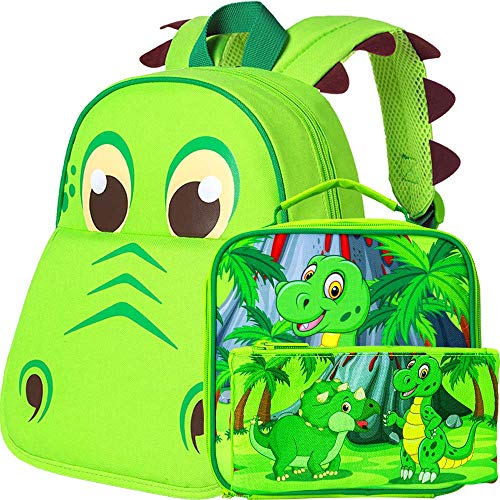 3PCS Toddler Backpack and Lunch Box for Boys, 12' Dinosaur Preschool Kids Bookbag, Cute Animal Kindergarten Schoolbag