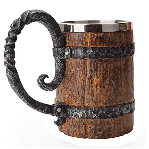 Kndatle Handmade Wooden Barrel Beer Mug, Bucket Shaped Drinkware with Handle, Stainless Steel Double Wall Cocktail Mug for Bar Restaurant, Vintage Bar Accessories (18 oz)