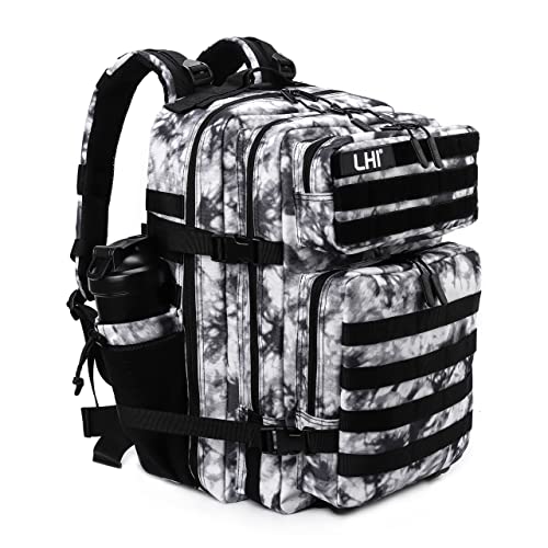 LHI Military Tactical Backpack for Men Molle Daypack 45L Army 3 Days Assault Pack Bag Large Rucksack With Bottle Holder Black and White(12*20*12)