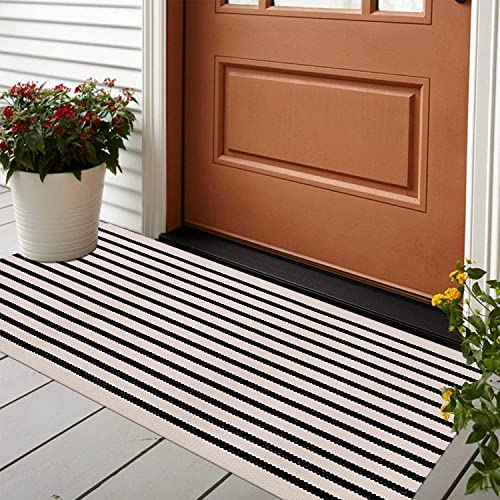LEEVAN Black and White Striped Outdoor Rug Runner 24'x51' Layering Doormat Farmhouse Front Porch Rug Cotton Woven Washable Throw Carpet for Hallway/Front Steps/Bathroom/Kitchen/Home Entrance
