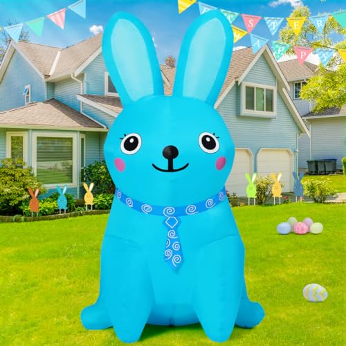 GOOSH 5 FT Easter Inflatables Bunny Outdoor Decorations Blow UP Yard Blue Rabbit with Built-in LEDs for Party Garden Lawn Indoor Outdoor Decor