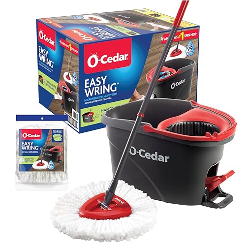 O-Cedar Easywring Microfiber Spin Mop & Bucket Floor Cleaning System with 1 Extra Refill,Red / Gray