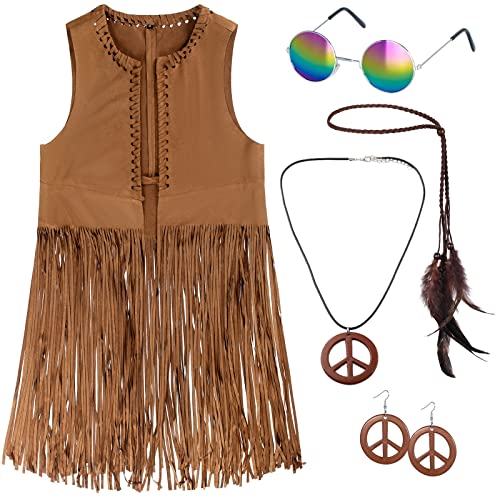 Complete 60s 70s Hippie Women's Costume Set: Fringe Vest, Peace Necklace, Earrings, Headband, and Glasses (L)