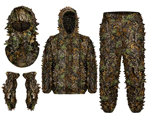 Ginsco Ghillie Suit Full Face Mask Gloves Set XL/XXL, 3D Leafy Camo Suit, Ghillie Suit for Men, Camoflage Woodland Pants Jacket Hood for Outdoor Turkey Hunting Airsoft Sniper Costume Photography