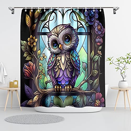 Reateforin Funny Owl Shower Curtain for Bathroom Owl Stained Glass Mushroom Bathroom Accessory Spring Bathroom Decorative Watercolor Polyester Fabric 72' x 72' Animal Bathroom Decor with 12 Hooks