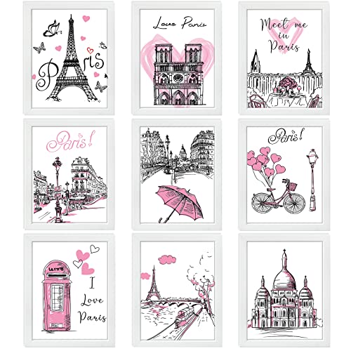 Spakon 9 Pieces Paris Bathroom Decor for Girls Paris Wall Art Paris Theme Room Decor Romantic Paris Room Decor Pink Eiffel Tower Wall Art Paris Bedroom Pictures for Girl