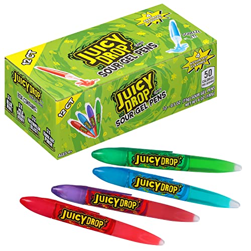 Juicy Drop Sour Gel Pen Candy Variety Pack of 12 - Assorted Fruity Flavors Sour Candy - Ideal for Kids Parties, Birthdays & Celebrations - Individually Wrapped, Fun Sour Gel Candy
