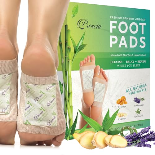 Prescia Premium Deep Cleansing Foot Pads - Natural Bamboo & Aromatic Herbs, 40 Pack - Ginger, Lavender, Mugwort, Orange - Easy Body Cleansing, Swelling Removal, Foot Care, and Self-Care