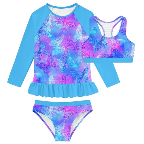 5-6 Year Old Girl's Butterflys Bathing Suits for Kids Blue Rose Hawaiian Beach Swimsuits Size 6 Little Girls Summer Quick Dry Long Sleeve Rashguard Shirts Swimwear Sets for Swimming Pool Party Surfing