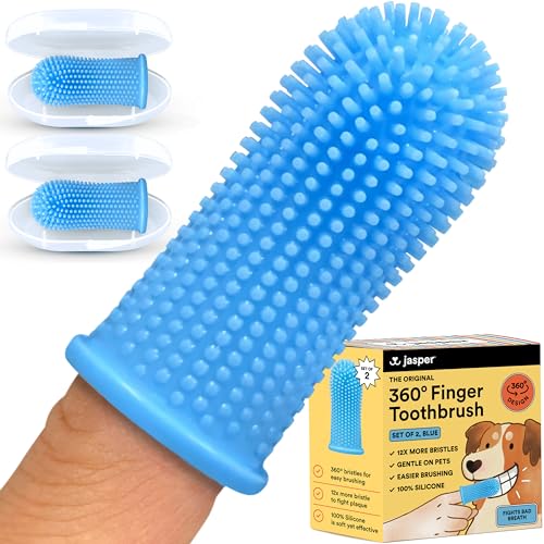 Jasper Dog Toothbrush, 360º Dog Tooth Brushing Kit, Cat Toothbrush, Dog Teeth Cleaning, Dog Finger Toothbrush, Dog Tooth Brush for Small & Large Pets, Dog Toothpaste Not Included - Blue 2-Pack