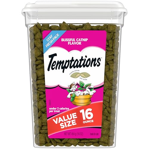 TEMPTATIONS Classic Crunchy and Soft Cat Treats Blissful Catnip Flavor, 16 Ounce (Pack of 1)