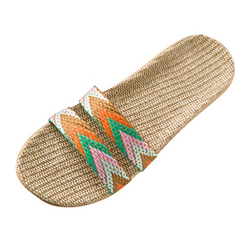 JEUROT Flax Slippers for Women Lightweight Skidproof Indoor Slippers Open-Toe Home Slippers Linen Summer Beach Shoes (Orange, 8.5-9)