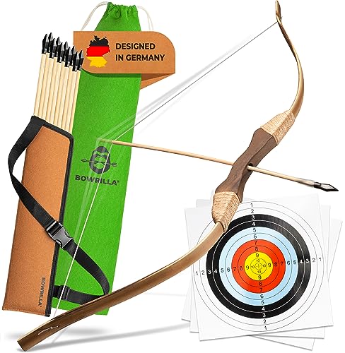 BOWRILLA Wooden Bow and Arrow for Kids with 10 Arrows, Quiver, 3 Targets & Storage Bag | Kids Bow and Arrow Set for Right- and Left-Handers | Indoor and Outdoor Toys for Children Boys & Girls