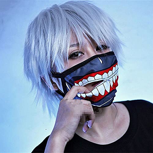 GOODKSSOP 2in1 Set Cosplay Halloween Mask + Hair Wig, Anime Funny Mouth Zipper Reusable Mask Half Full Face Costume Prop for Carnival Themed Party
