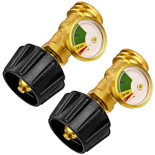 Flame King Propane Tank Gauge Level Indicator, Leak Detector Gas Pressure Meter, Color Coded & Glows in The Dark, Universal for All Cylinders, Solid Brass (2-Pack)
