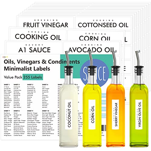Hebayy 255 Oils, Vinegars & Condiments Labels, Minimalist Water & Oil Resistant Pantry Label Stickers Food Jar Label for Organization and Storage Seasoning Label